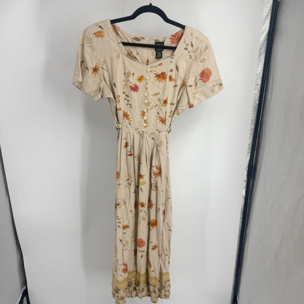 Erika Dresses Linen Blend Floral Midi Dress Cream Orange Boho L Fall Autumn